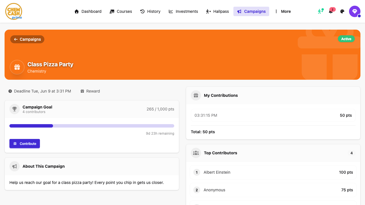 Class campaign showing a shared point goal and contributor leaderboard
