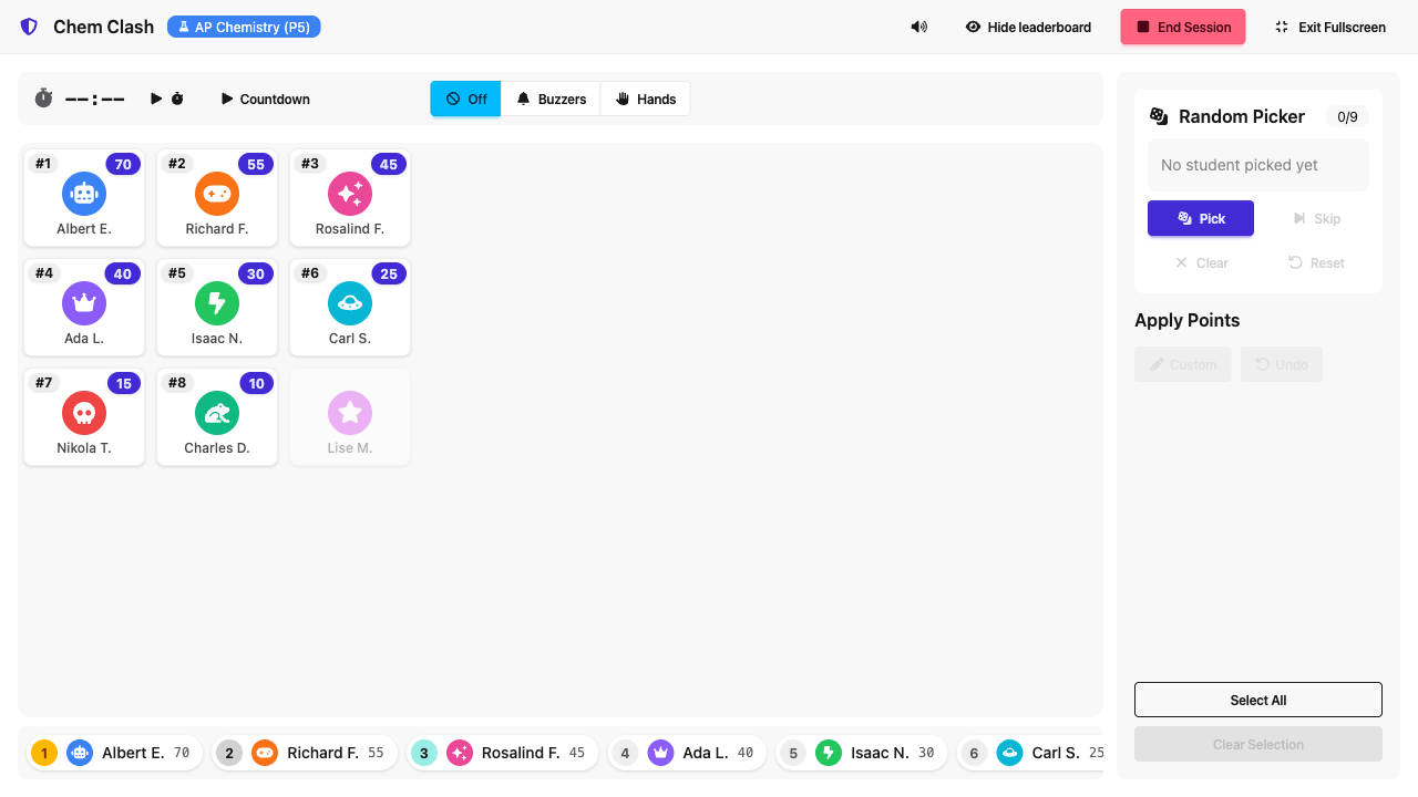 Teacher running a live Chem Clash session with team scoreboard
