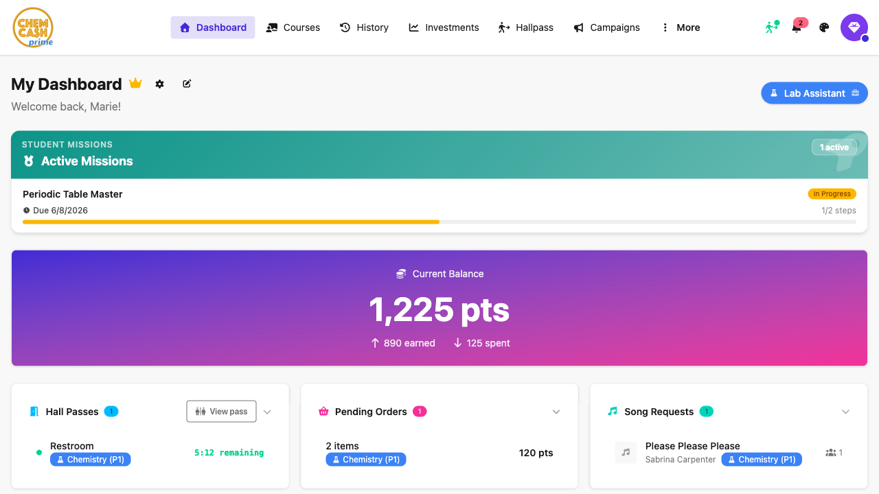 Chem Cash student dashboard showing balance and recent transactions