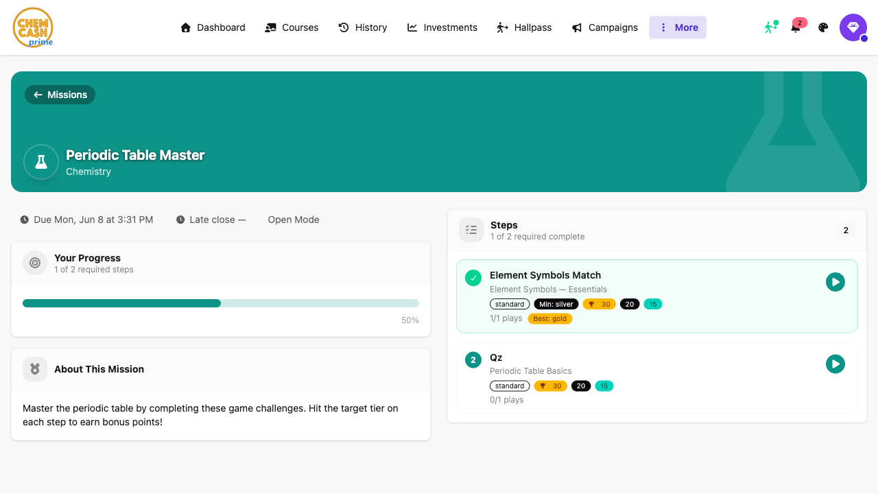 Student mission with multi-step progress and tier bonuses