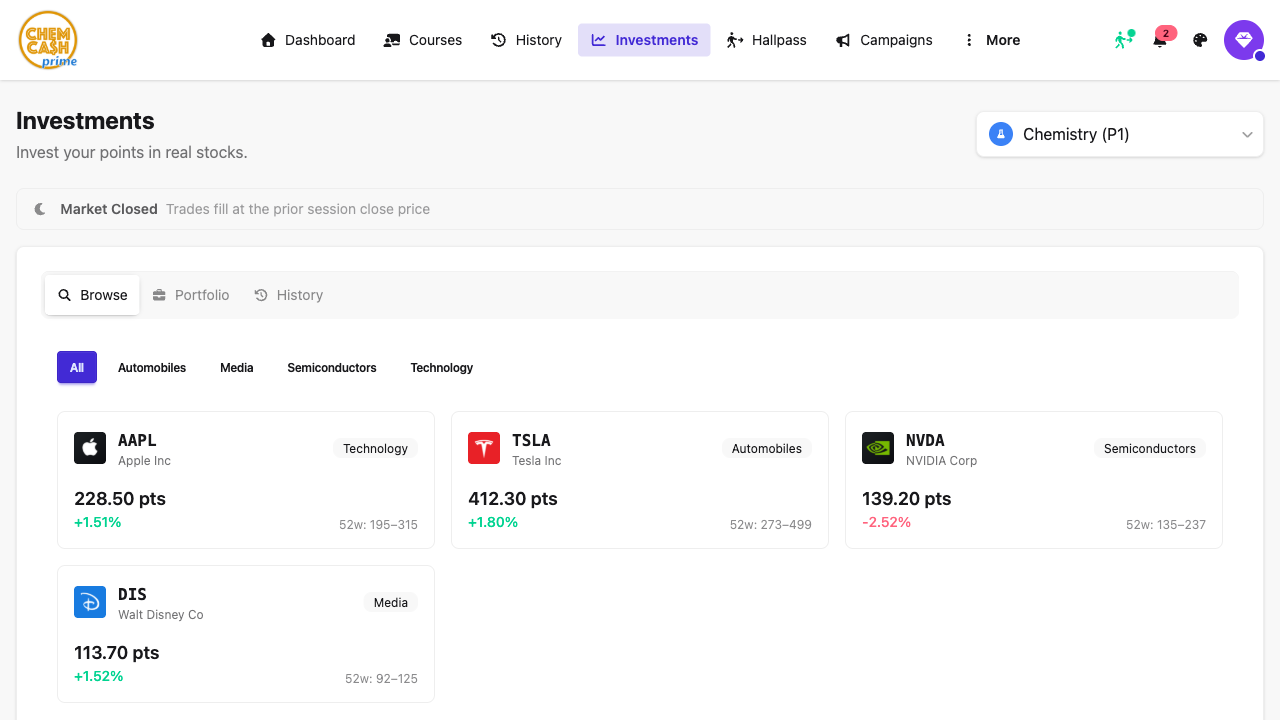 Student investments page showing a stock portfolio and live price chart